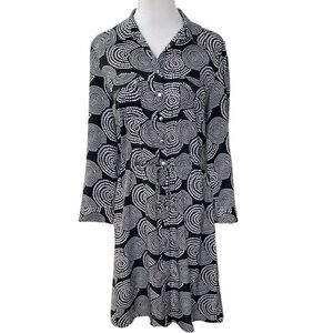 SPENSE Black and White Abstract Button Down Casual Lightweight Dress